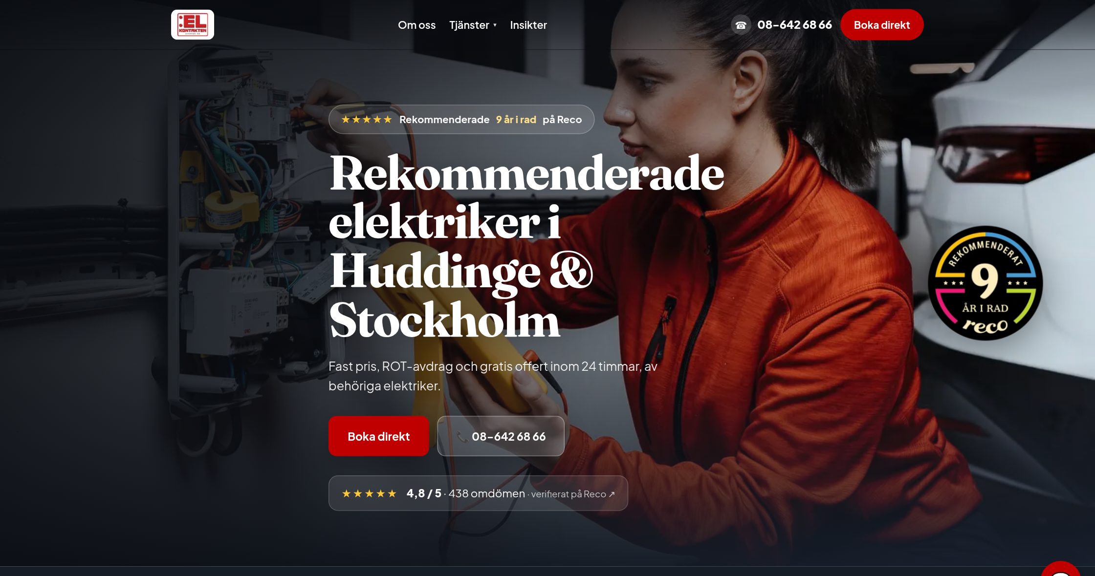 Elkontakten's real website, showing one of their electricians at work