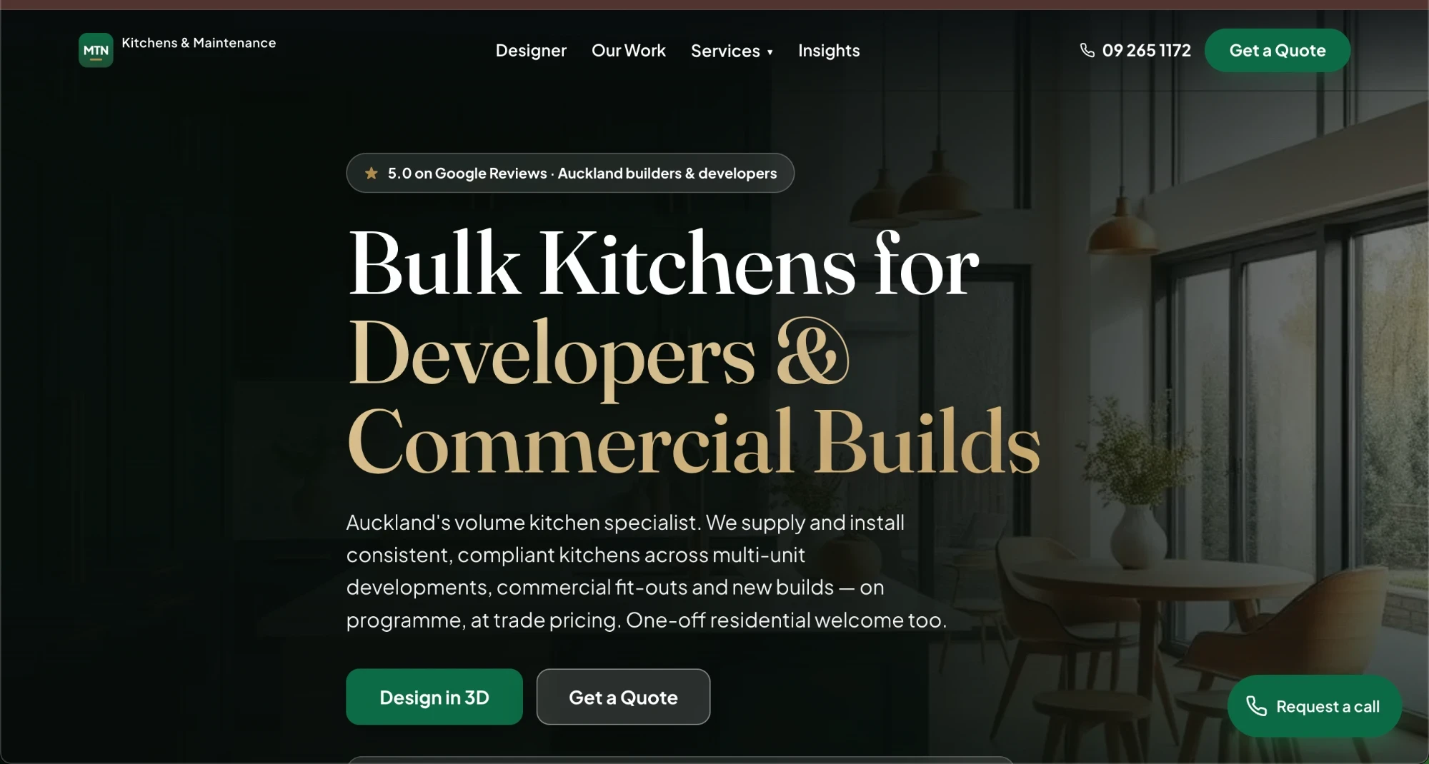MTN Kitchens' real website, showing one of their kitchens